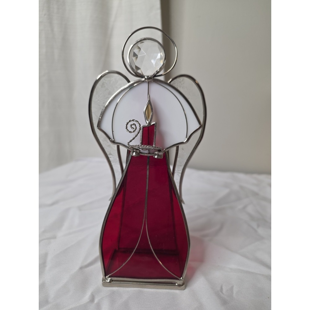 Angel Stained Glass suncatcher free standing red silver halo flowers wings